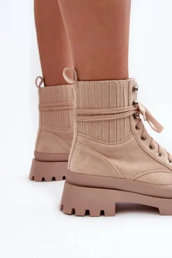 Damskie Boto Botki Trapery Damskie Sznurowane Beżowe Gordts