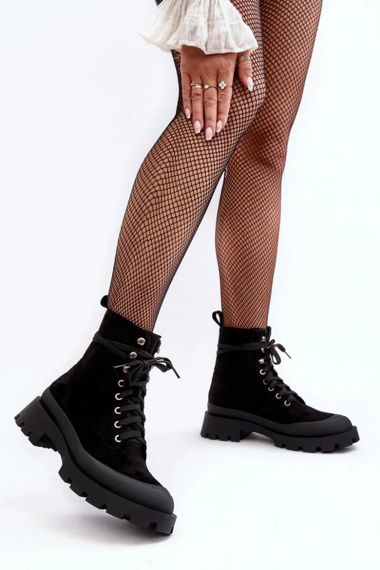 Boto Botki Ocieplane|Damskie Trapery*Botki Trapery Damskie Sznurowane Czarne Gordts Czarny