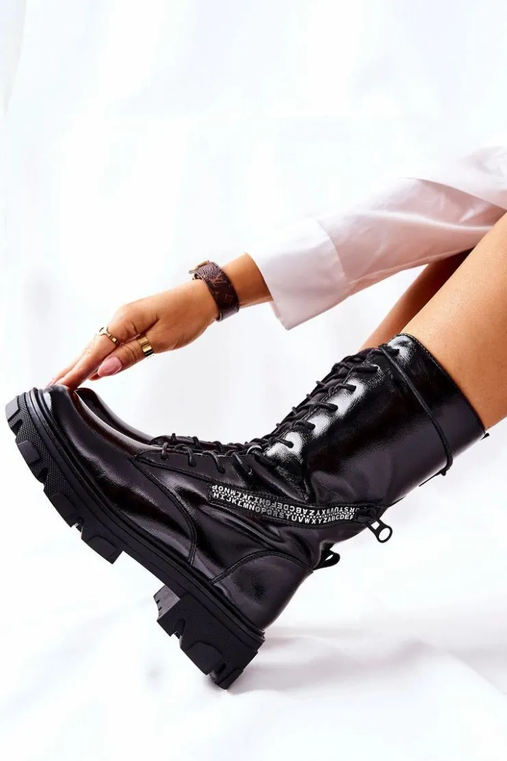 Damskie Buty Sergio Leone Botki Trapery Glany Lakierowane Sergio Leone TR747 Czarne