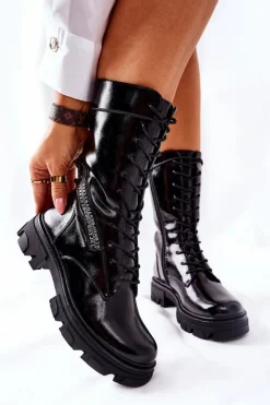 Damskie Buty Sergio Leone Botki Trapery Glany Lakierowane Sergio Leone TR747 Czarne