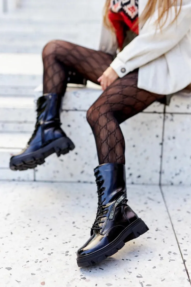 Damskie Buty Sergio Leone Botki Trapery Glany Lakierowane Sergio Leone TR747 Czarne