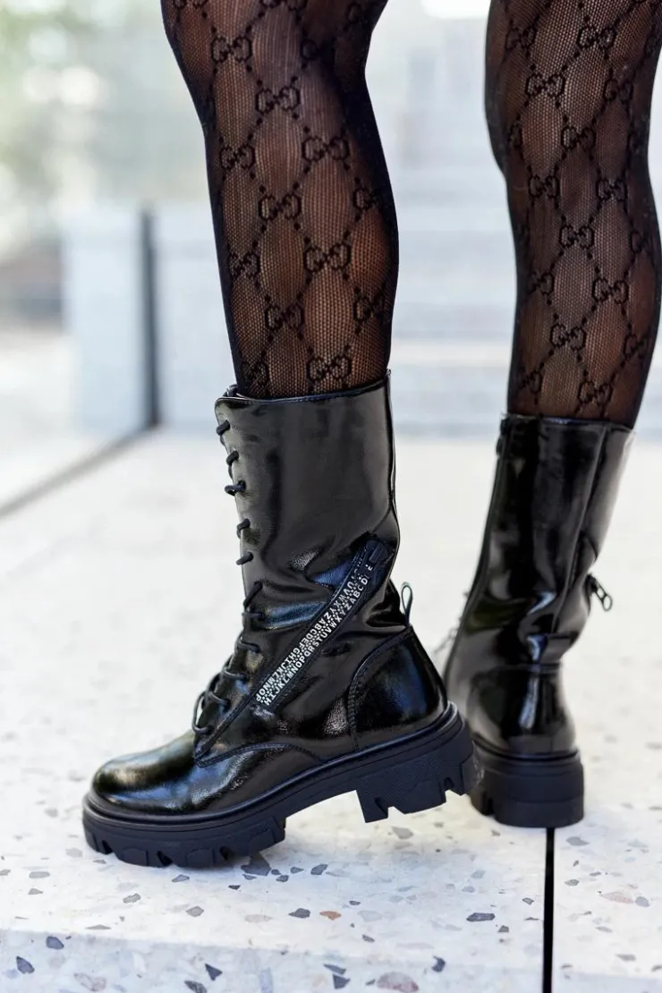 Damskie Buty Sergio Leone Botki Trapery Glany Lakierowane Sergio Leone TR747 Czarne