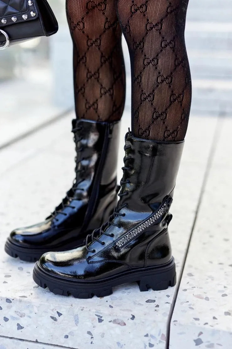 Damskie Buty Sergio Leone Botki Trapery Glany Lakierowane Sergio Leone TR747 Czarne