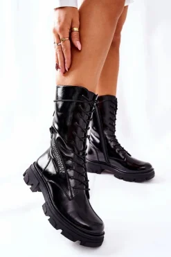 Damskie Buty Sergio Leone Botki Trapery Glany Lakierowane Sergio Leone TR747 Czarne