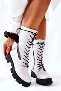 Buty Sergio Leone Damskie Trapery|Botki Sznurowane*Botki Trapery Glany Sergio Leone TR747 Białe