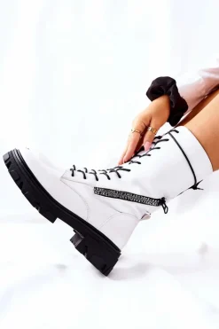 Buty Sergio Leone Damskie Trapery|Botki Sznurowane*Botki Trapery Glany Sergio Leone TR747 Białe