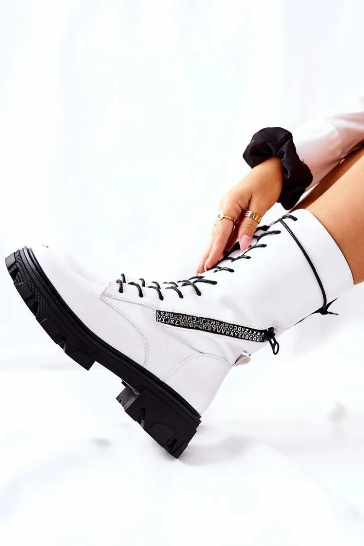 Buty Sergio Leone Damskie Trapery|Botki Sznurowane*Botki Trapery Glany Sergio Leone TR747 Białe