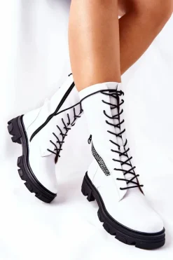 Buty Sergio Leone Damskie Trapery|Botki Sznurowane*Botki Trapery Glany Sergio Leone TR747 Białe