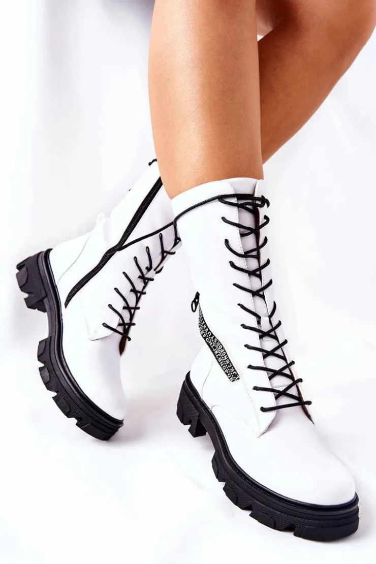 Buty Sergio Leone Damskie Trapery|Botki Sznurowane*Botki Trapery Glany Sergio Leone TR747 Białe