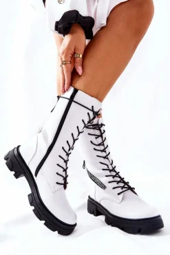 Buty Sergio Leone Damskie Trapery|Botki Sznurowane*Botki Trapery Glany Sergio Leone TR747 Białe