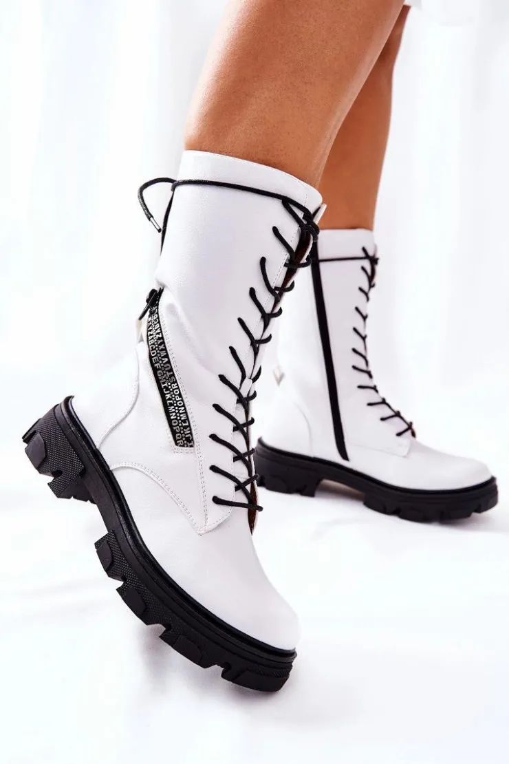 Buty Sergio Leone Damskie Trapery|Botki Sznurowane*Botki Trapery Glany Sergio Leone TR747 Białe