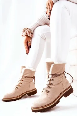 Damskie Boto Botki Trapery Ocieplane Beżowe Nelby