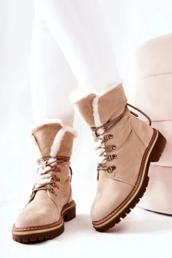 Damskie Boto Botki Trapery Ocieplane Beżowe Nelby