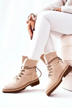 Damskie Boto Botki Trapery Ocieplane Beżowe Nelby