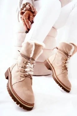 Damskie Boto Botki Trapery Ocieplane Beżowe Nelby