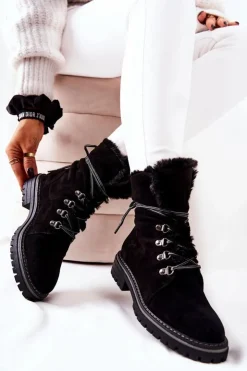 Boto Damskie Trapery|Botki Sznurowane*Botki Trapery Ocieplane Czarne Nelby