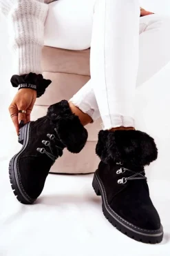 Boto Damskie Trapery|Botki Sznurowane*Botki Trapery Ocieplane Czarne Nelby
