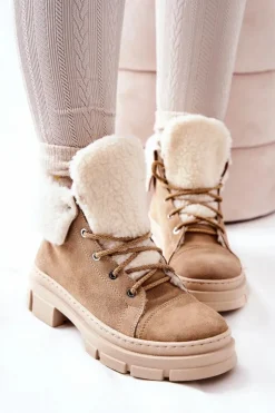 Hot Boto Botki Trapery Ocieplane Wiązane Beżowe Karley