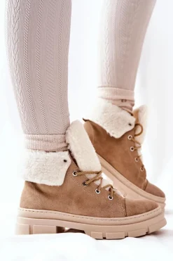 Hot Boto Botki Trapery Ocieplane Wiązane Beżowe Karley