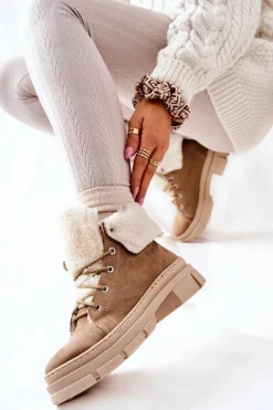 Hot Boto Botki Trapery Ocieplane Wiązane Beżowe Karley