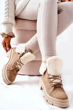 Hot Boto Botki Trapery Ocieplane Wiązane Beżowe Karley
