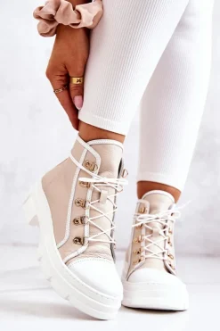 Damskie Boto Botki Trapery Skórzane Beżowo-Białe Letty