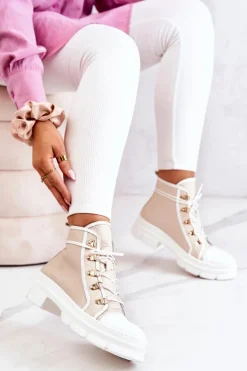 Damskie Boto Botki Trapery Skórzane Beżowo-Białe Letty