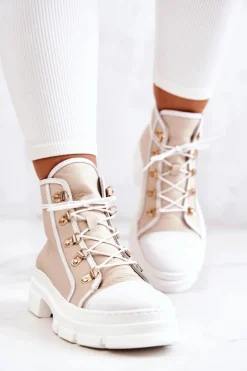 Damskie Boto Botki Trapery Skórzane Beżowo-Białe Letty