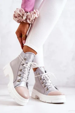 Boto Botki Wiosenne|Damskie Trapery*Botki Trapery Skórzane Srebrne Letty