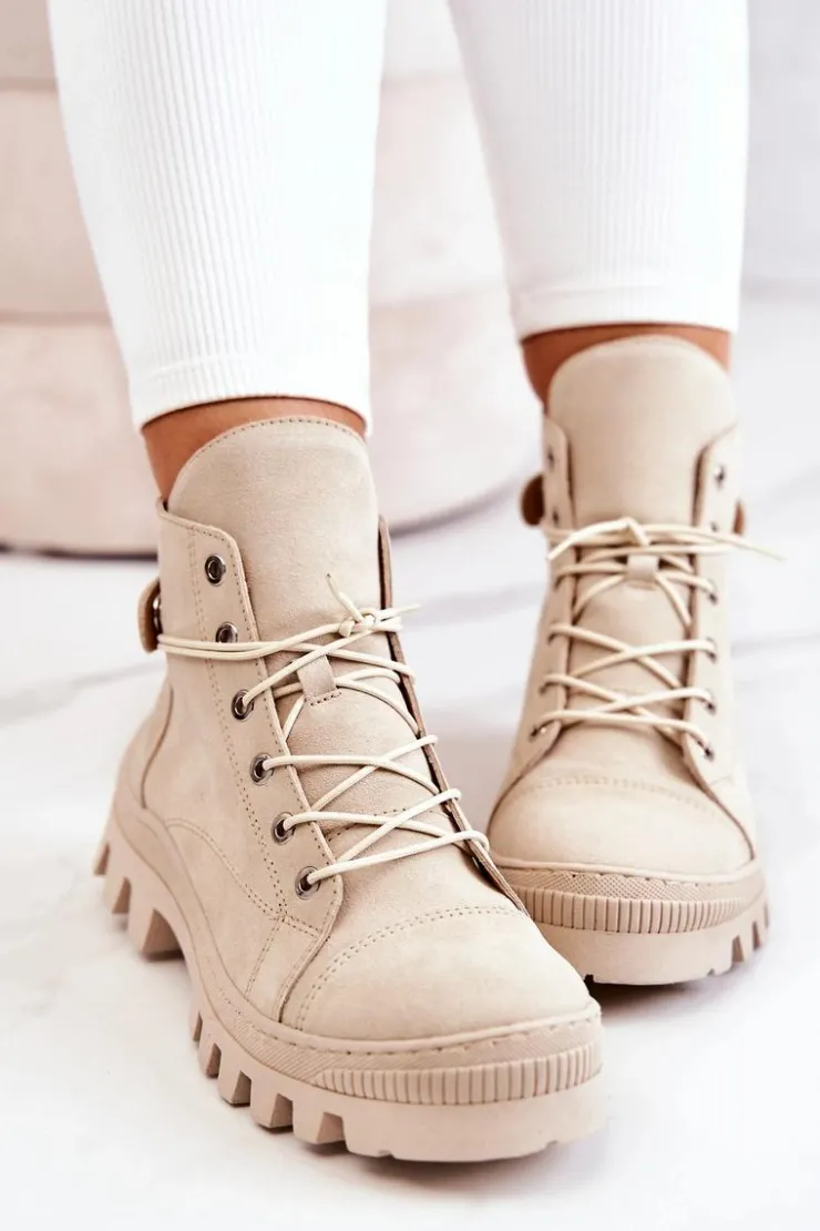 Boto Botki Trapery Wiązane Beżowe Marsha