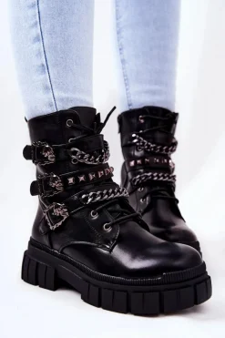 Boto Botki Sznurowane|Czarne Botki*Botki Wiązane Łańcuch Sprzączka Czarne Reiloy