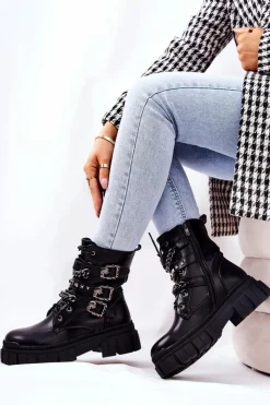 Boto Botki Sznurowane|Czarne Botki*Botki Wiązane Łańcuch Sprzączka Czarne Reiloy