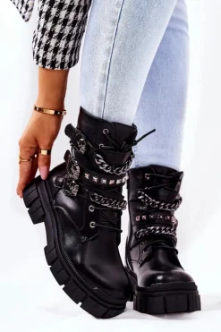 Boto Botki Sznurowane|Czarne Botki*Botki Wiązane Łańcuch Sprzączka Czarne Reiloy