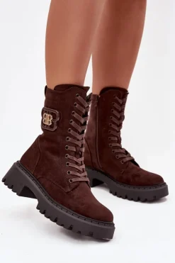 Boto Botki Sznurowane|Brązowe I Beżowe Botki*Botki Wokrery Damskie Z Ozdobnym Elementem Ocieplane Czekoladowe Kalindra