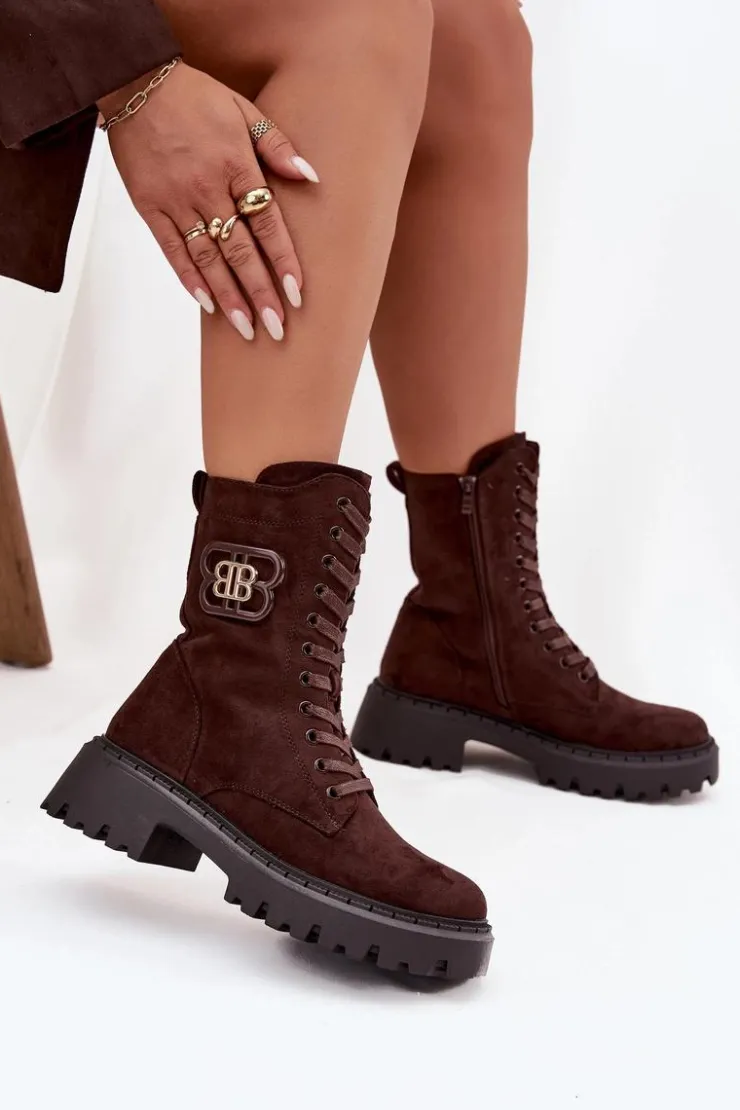 Boto Botki Sznurowane|Brązowe I Beżowe Botki*Botki Wokrery Damskie Z Ozdobnym Elementem Ocieplane Czekoladowe Kalindra