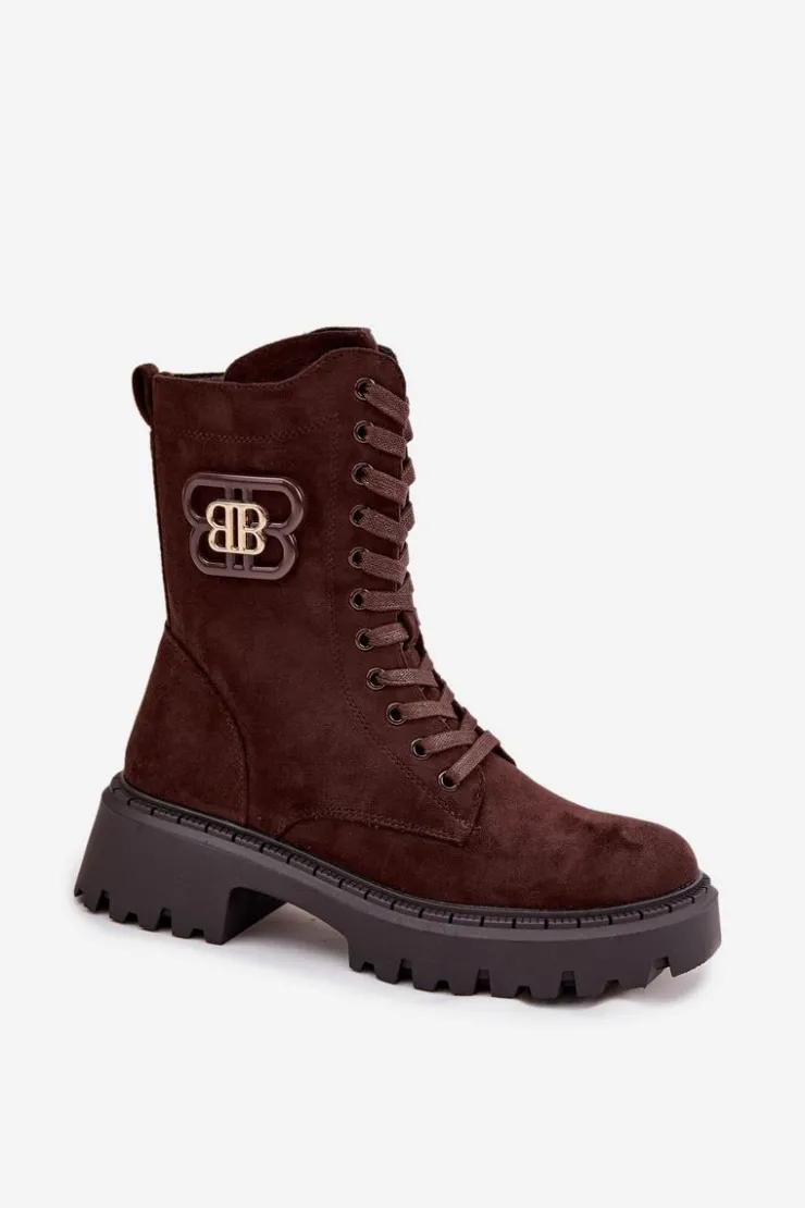 Boto Botki Sznurowane|Brązowe I Beżowe Botki*Botki Wokrery Damskie Z Ozdobnym Elementem Ocieplane Czekoladowe Kalindra