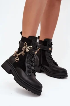 Damskie Boto Botki Workery Damskie Ocieplane Ze Złotym Łańcuchem I Zawieszkami Czarne Ravine