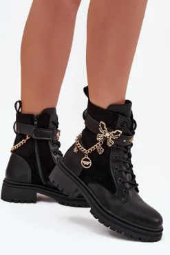 Damskie Boto Botki Workery Damskie Ocieplane Ze Złotym Łańcuchem I Zawieszkami Czarne Ravine