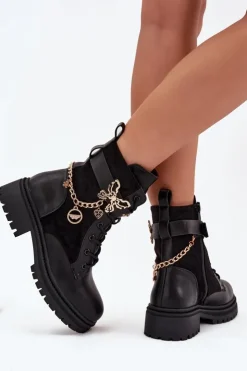 Damskie Boto Botki Workery Damskie Ocieplane Ze Złotym Łańcuchem I Zawieszkami Czarne Ravine