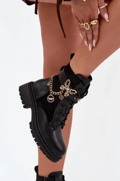 Damskie Boto Botki Workery Damskie Ocieplane Ze Złotym Łańcuchem I Zawieszkami Czarne Ravine