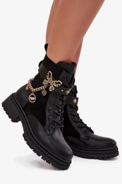 Damskie Boto Botki Workery Damskie Ocieplane Ze Złotym Łańcuchem I Zawieszkami Czarne Ravine