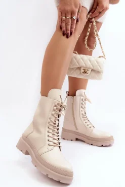 Damskie Boto Botki Workery Damskie Ekoskóra Jasnobeżowe Irande