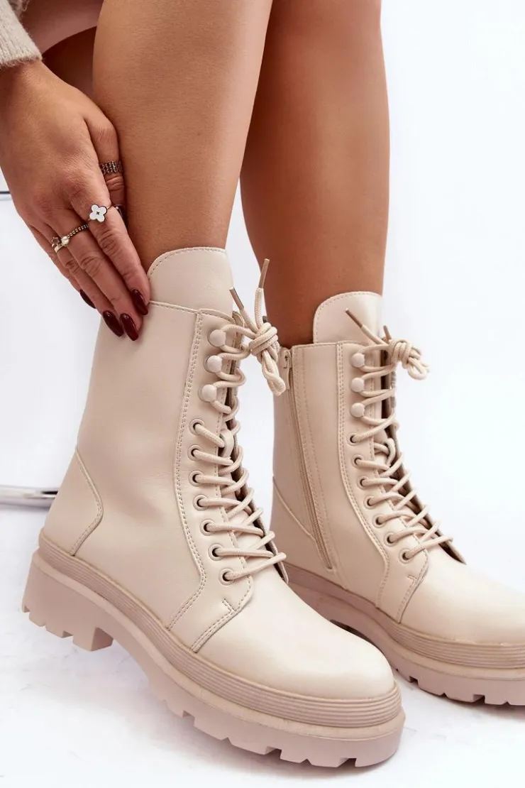 Damskie Boto Botki Workery Damskie Ekoskóra Jasnobeżowe Irande