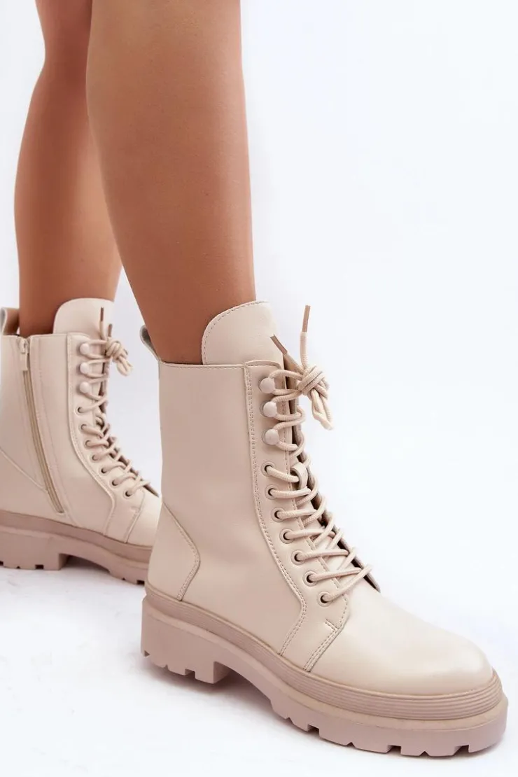 Damskie Boto Botki Workery Damskie Ekoskóra Jasnobeżowe Irande