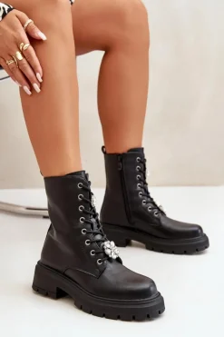 Hot Boto Botki Workery Damskie Eko Skórzane Z Przypinkami Czarne Kristines