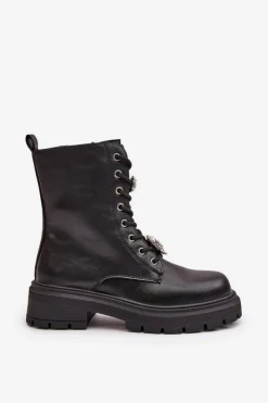 Hot Boto Botki Workery Damskie Eko Skórzane Z Przypinkami Czarne Kristines