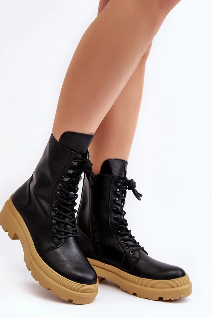 Damskie Boto Botki Workery Damskie Ekoskóra Czarne Irande - Jasna Podeszwa