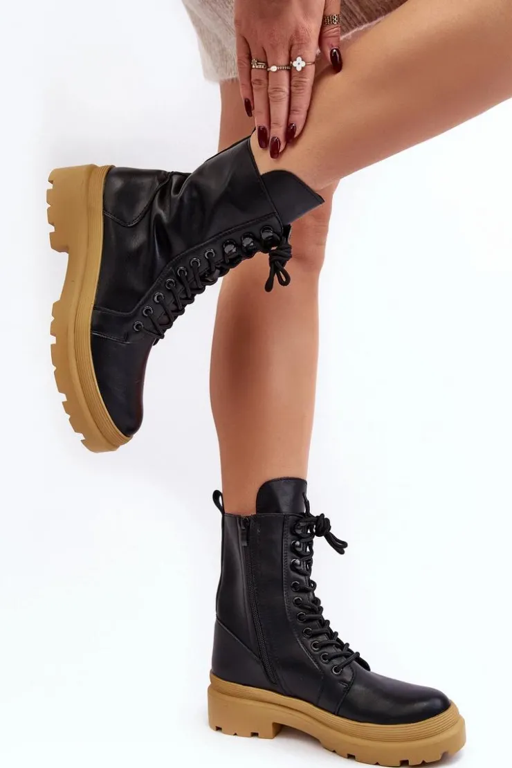 Damskie Boto Botki Workery Damskie Ekoskóra Czarne Irande - Jasna Podeszwa