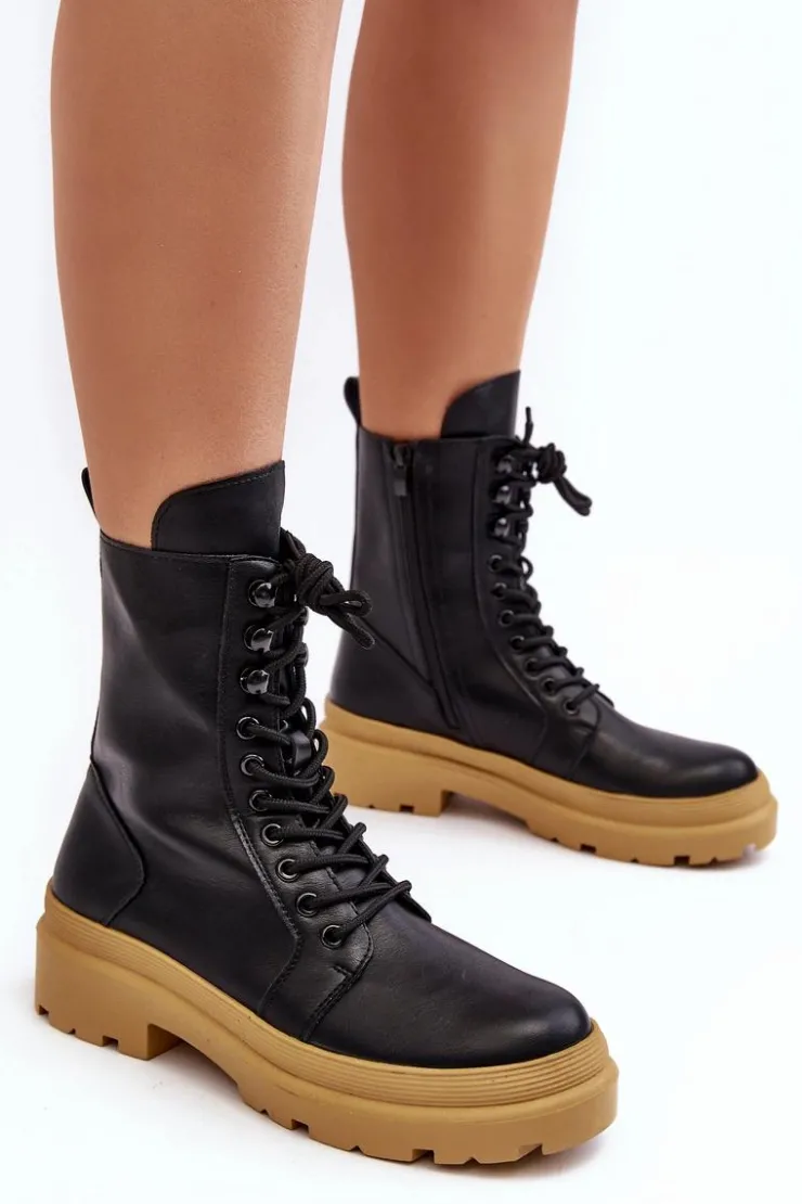 Damskie Boto Botki Workery Damskie Ekoskóra Czarne Irande - Jasna Podeszwa