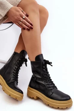 Damskie Boto Botki Workery Damskie Ekoskóra Czarne Irande - Jasna Podeszwa